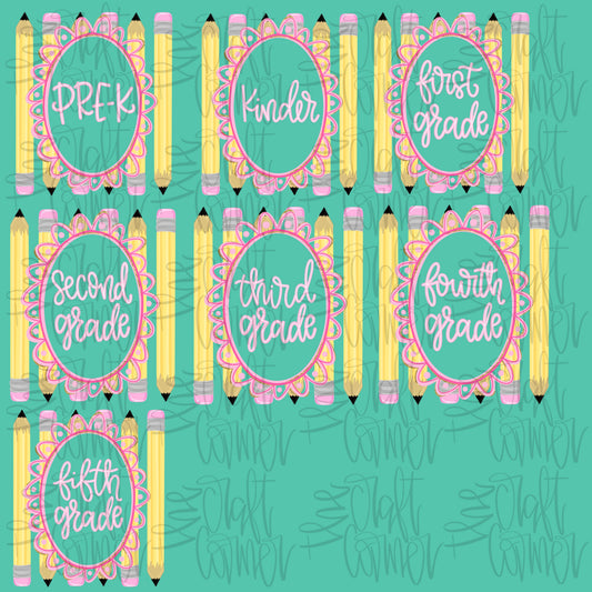 Coquette Pencil Frame Grade PNG Bundle, First Day Of School PNG, Teacher PNG, Girly Png, Preppy School Png, All Grades