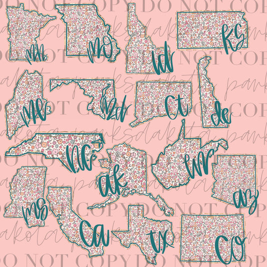 All 50 States Bundle PNG, US Png, Coquette png, State png, Preppy png, Boho png, Girly digital, Gold Foil Png, DTF, Floral png, Hand Drawn