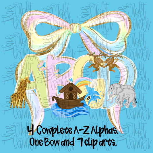 Noah’s Ark Alpha PNG, A-Z, Religious Alpha PNG, Bible Story Alpha PNG, Coquette Alpha Png, Millennial Coquette Png, Faux Glitter Png