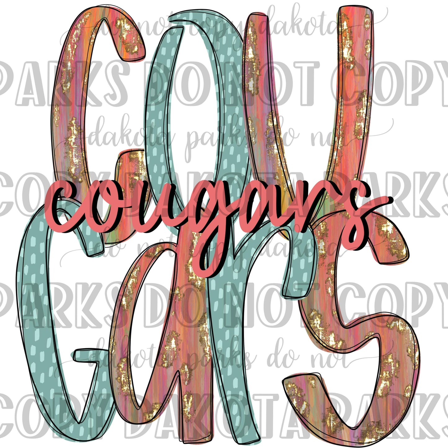 Cougars PNG, Colorful Brushstroke Retro, Watercolor, Gold Glitter, School Spirit, Team Spirit, Digital File, Sublimation, DTF, Mascot