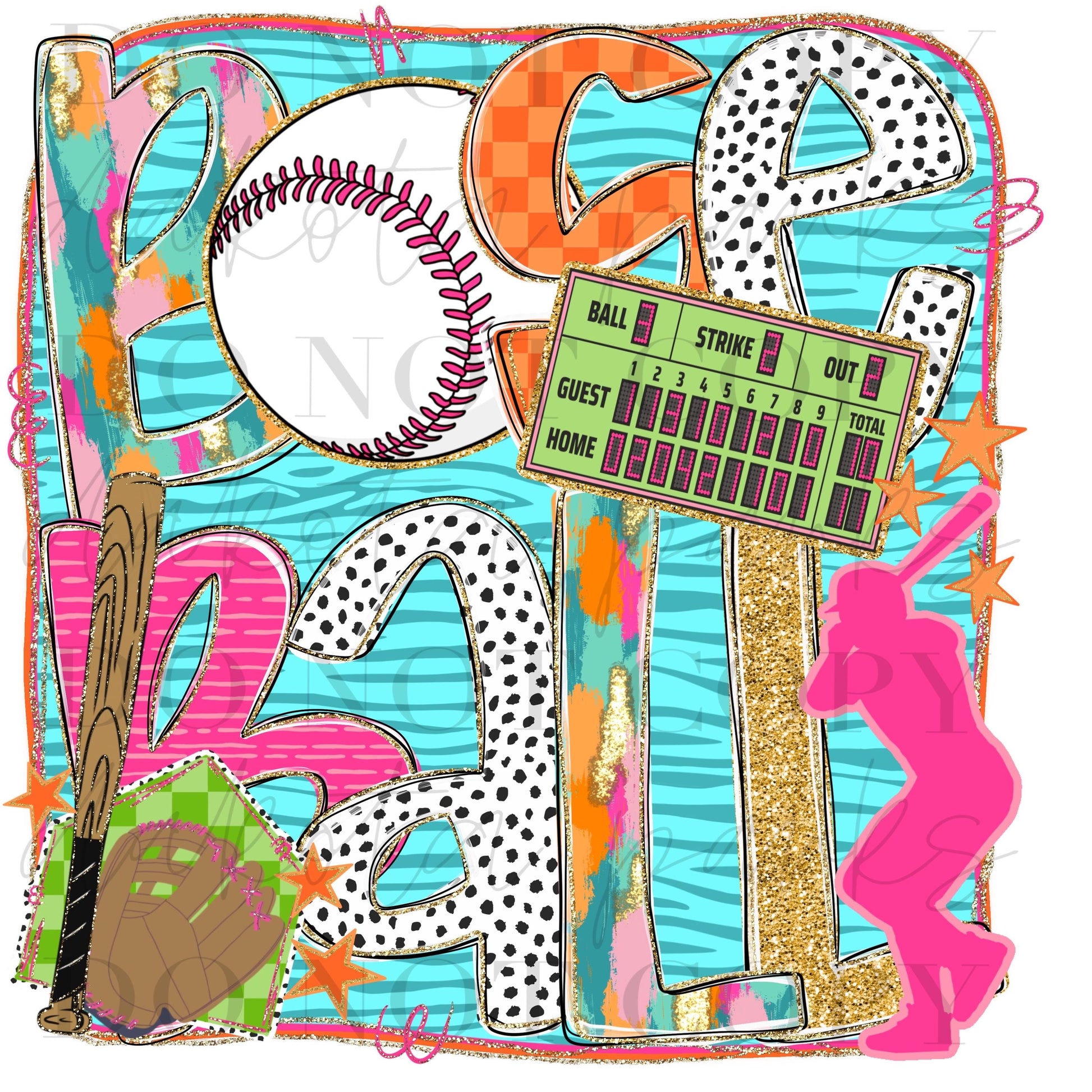 Baseball Preppy PNG, Fun Baseball PNG, preppy baseball png, baseball png, coquette png, girly, vivid png, neon, glitter digital design png