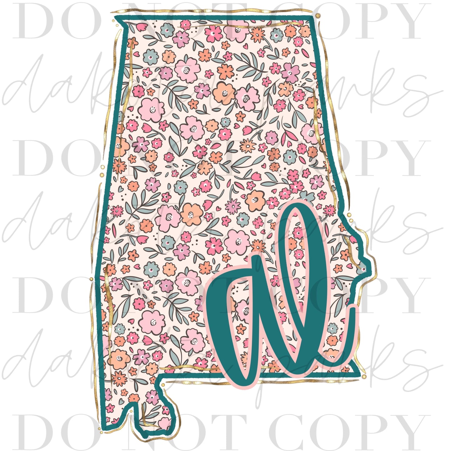 Alabama PNG, AL Png, Coquette png, State png, Preppy png, Boho png, Girly digital, Gold Foil Png, DTF, Floral png, Hand Drawn Digital Design