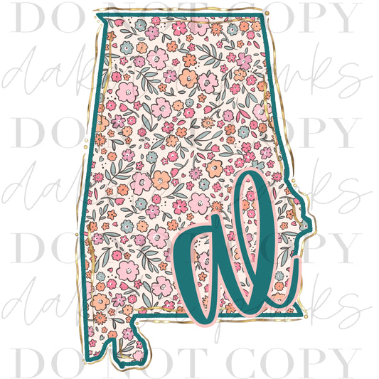 Alabama PNG, AL Png, Coquette png, State png, Preppy png, Boho png, Girly digital, Gold Foil Png, DTF, Floral png, Hand Drawn Digital Design