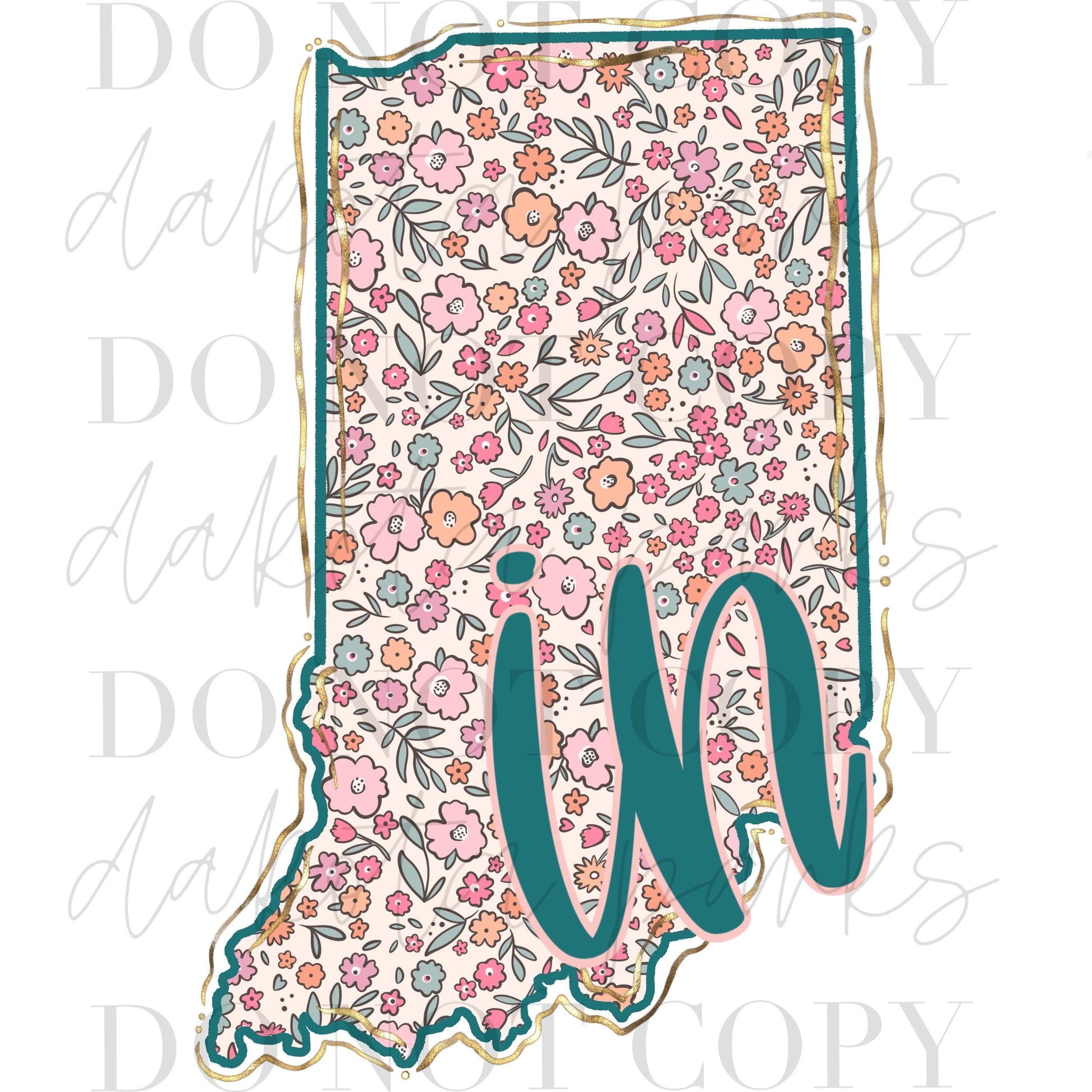 Indiana PNG, IN Png, Coquette png, State png, Preppy png, Boho png, Girly digital, Gold Foil Png, DTF, Floral png, Hand Drawn Digital Design