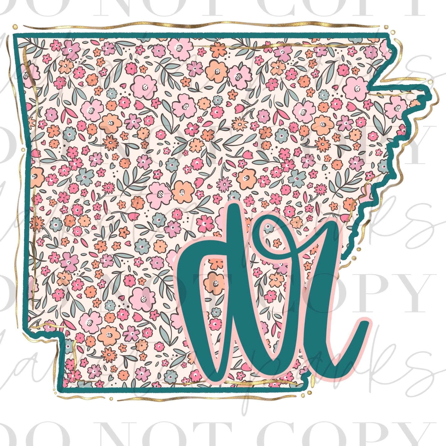 Arkansas PNG, AR Png, Coquette png, State png, Preppy png, Boho png, Girly digital, Gold Foil Png, DTF, Floral png, Hand Drawn Design