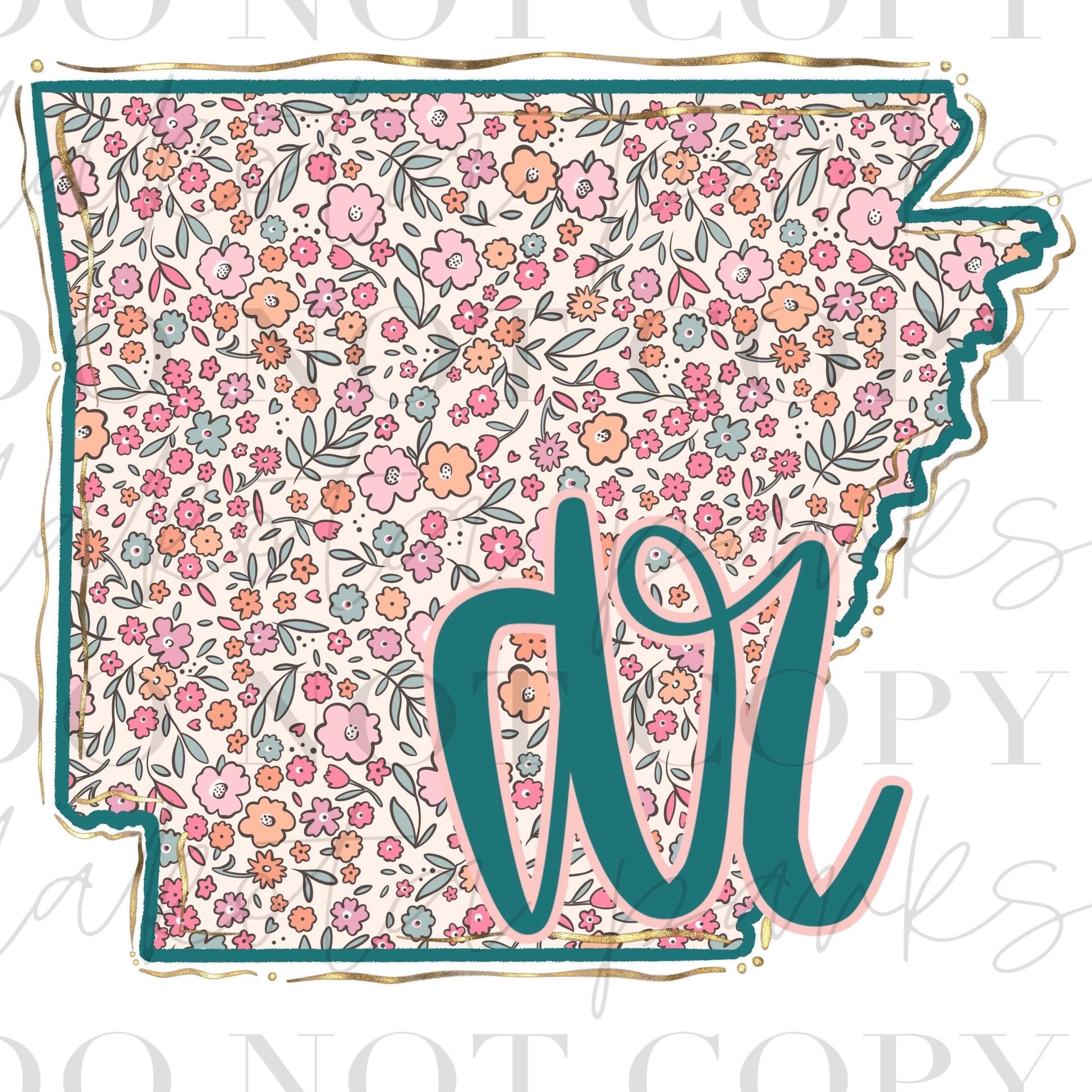 Arkansas PNG, AR Png, Coquette png, State png, Preppy png, Boho png, Girly digital, Gold Foil Png, DTF, Floral png, Hand Drawn Design