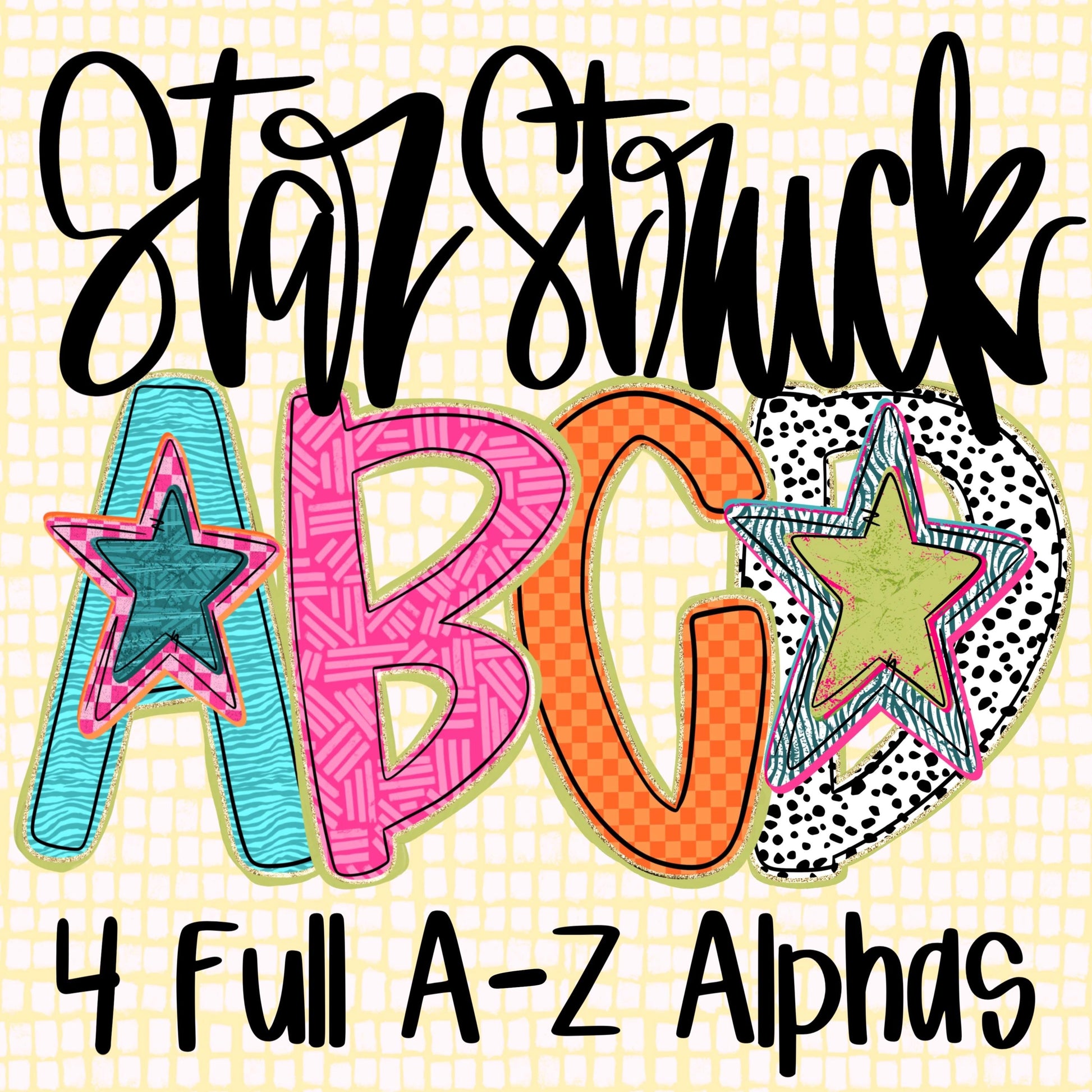 Star Struck Alpha, Preppy Alpha, Groovy Alpha Font, Font PNG, Boujee Alpha, Neon, Stars PNG, Hand Drawn Lettering A-Z Alpha