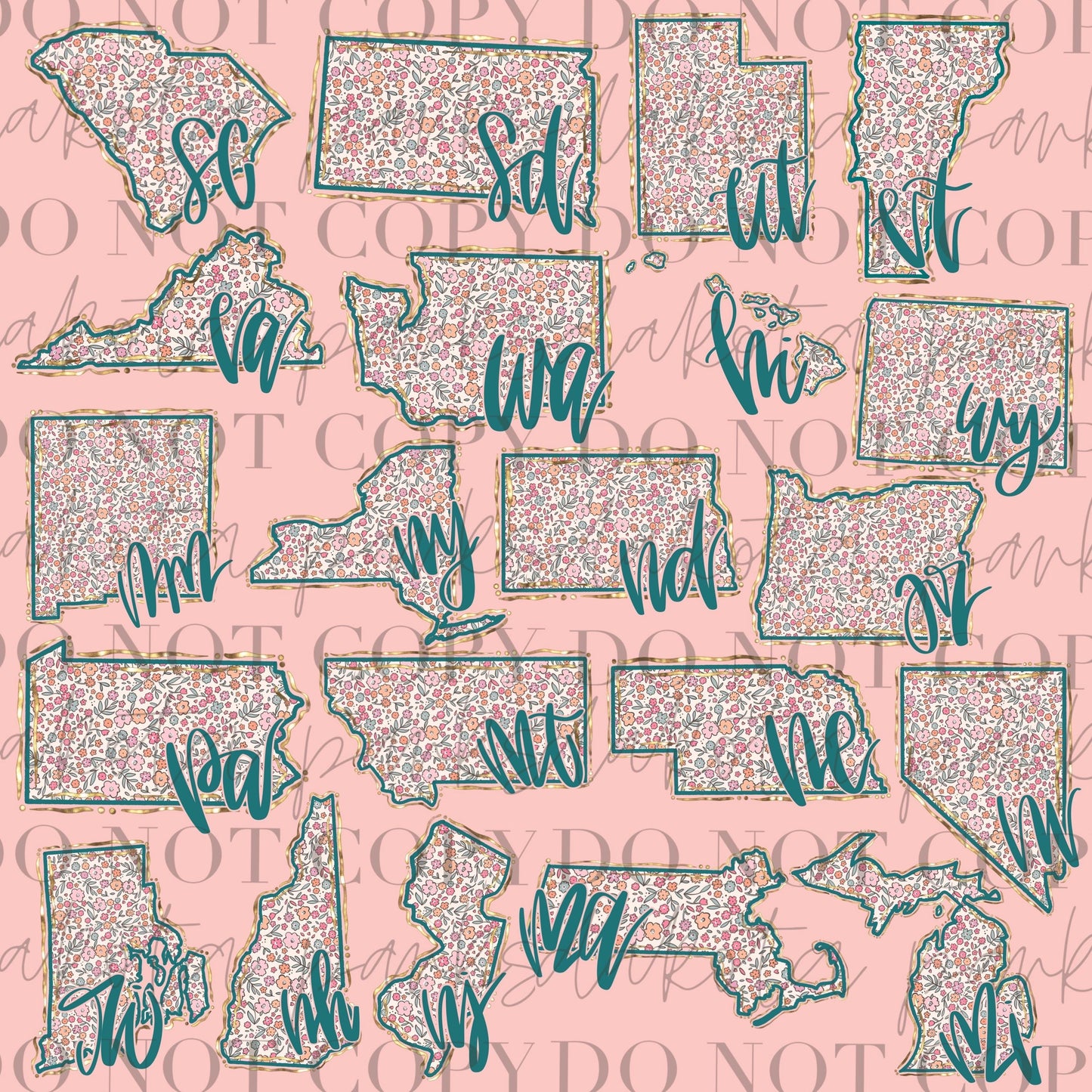 All 50 States Bundle PNG, US Png, Coquette png, State png, Preppy png, Boho png, Girly digital, Gold Foil Png, DTF, Floral png, Hand Drawn