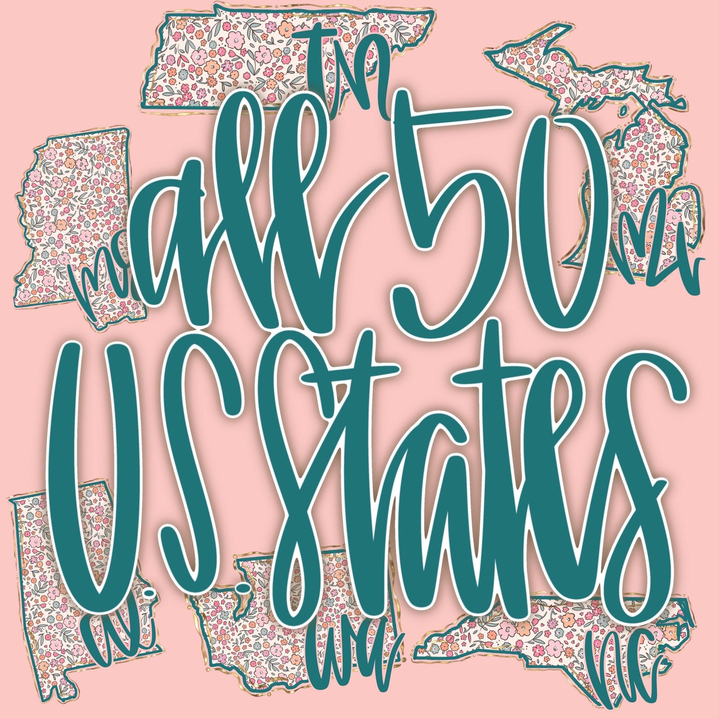 All 50 States Bundle PNG, US Png, Coquette png, State png, Preppy png, Boho png, Girly digital, Gold Foil Png, DTF, Floral png, Hand Drawn