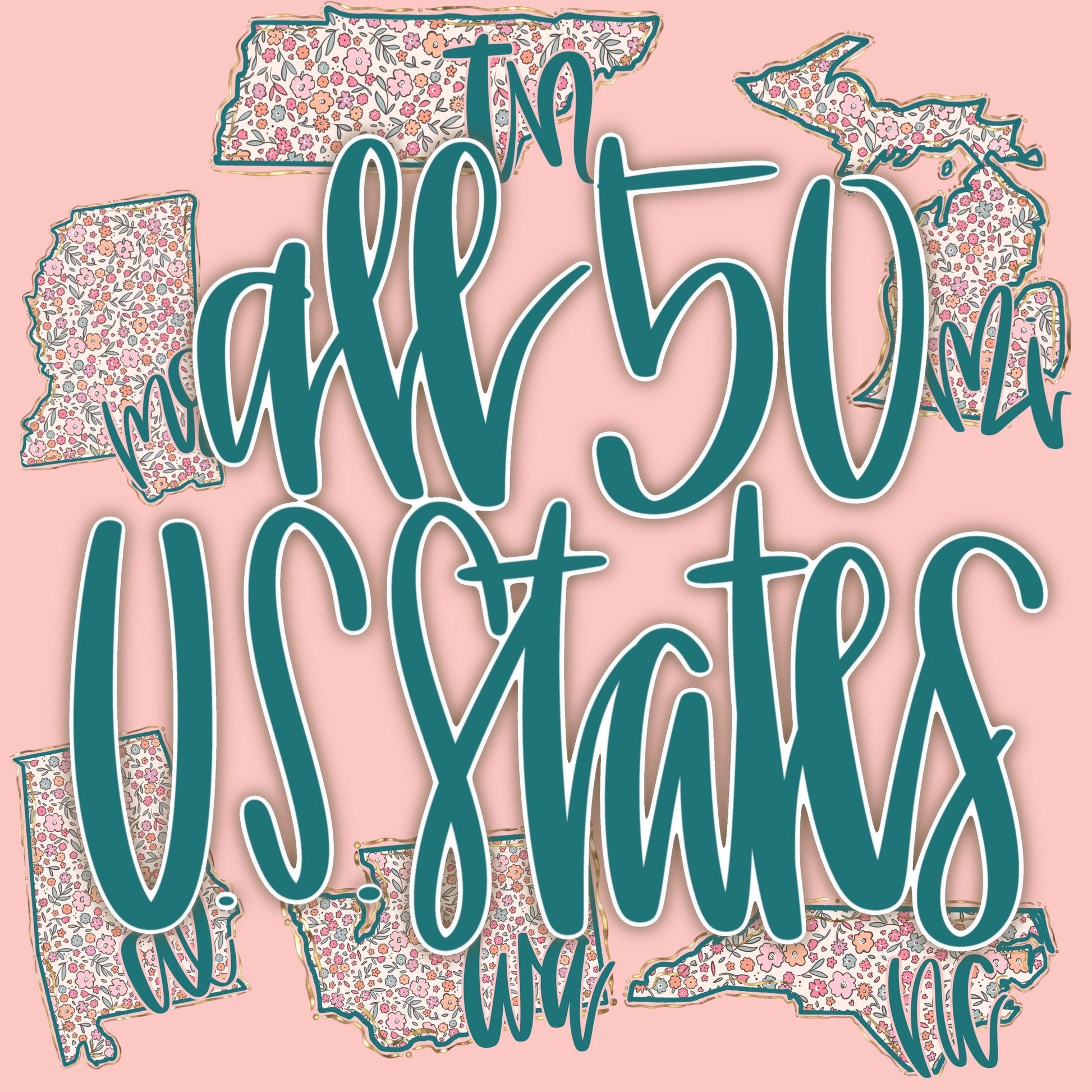 All 50 States Bundle PNG, US Png, Coquette png, State png, Preppy png, Boho png, Girly digital, Gold Foil Png, DTF, Floral png, Hand Drawn