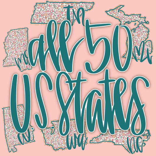 All 50 States Bundle PNG, US Png, Coquette png, State png, Preppy png, Boho png, Girly digital, Gold Foil Png, DTF, Floral png, Hand Drawn
