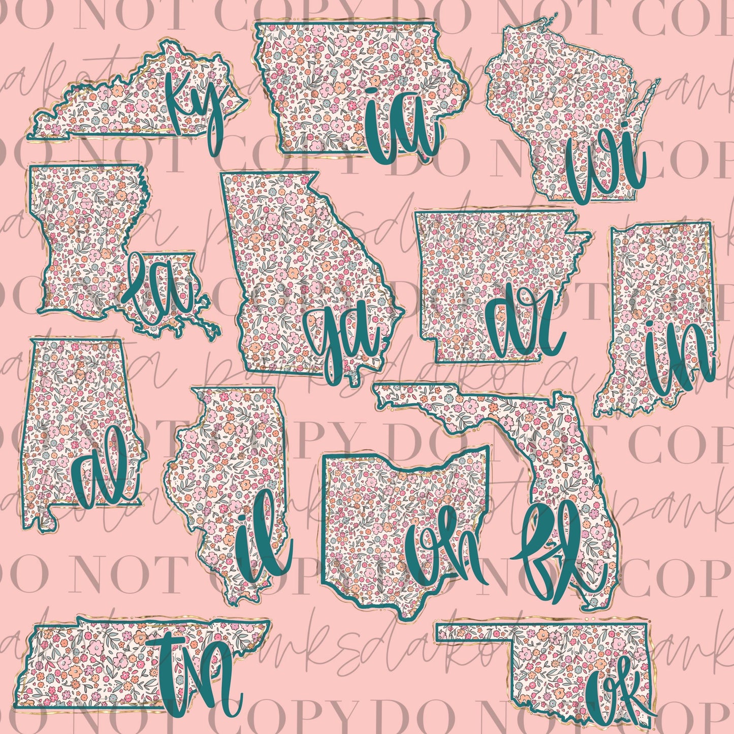 All 50 States Bundle PNG, US Png, Coquette png, State png, Preppy png, Boho png, Girly digital, Gold Foil Png, DTF, Floral png, Hand Drawn