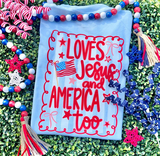 Loves Jesus and America Too , Patriotic Coquette Png, American Png, USA png, Coquette Png, Preppy Patriotic, Red White Blue Png, Dtf digital
