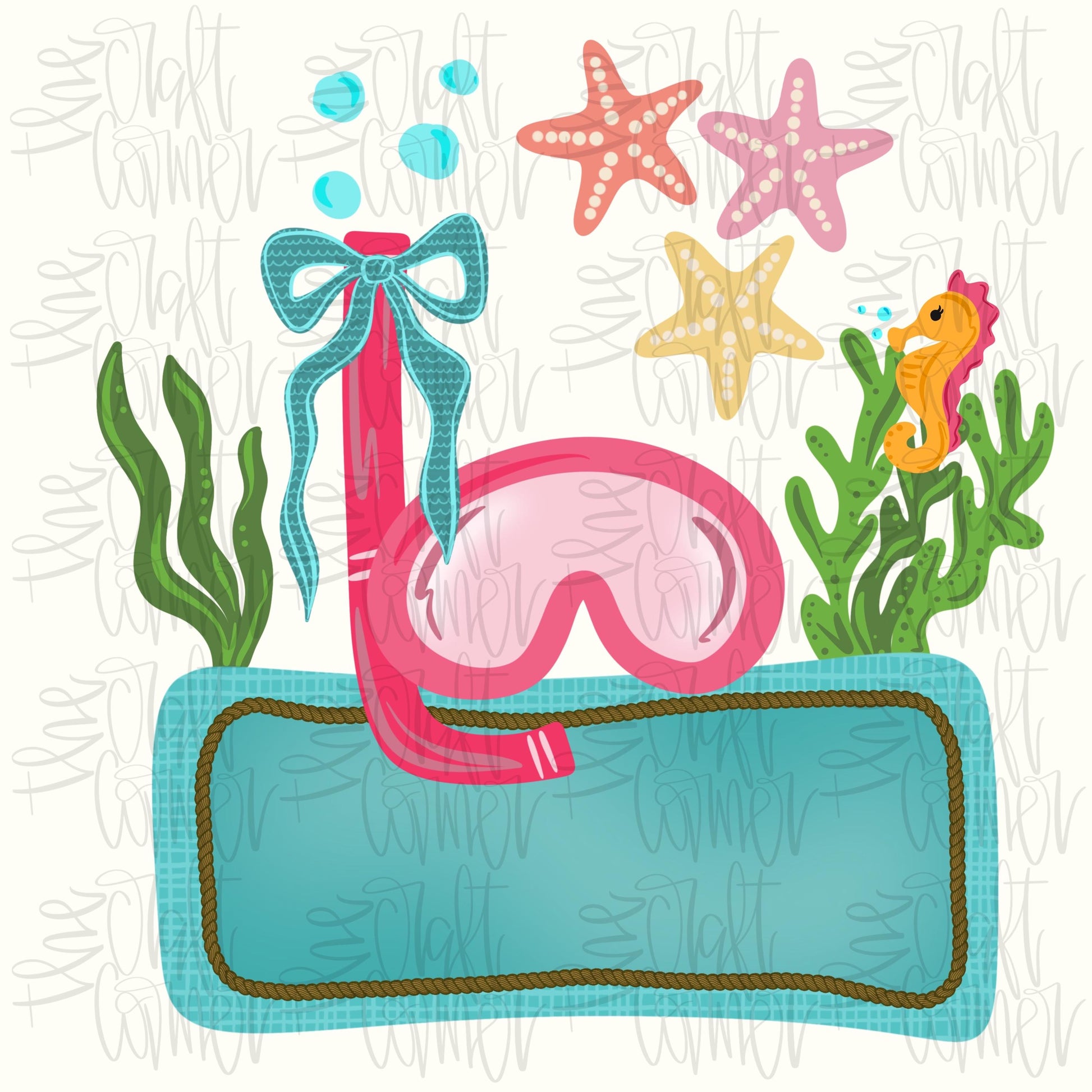 Beach Girls PNG, Coquette Summer Png,Scuba Goggles PNG, Girly Png, Beach Things With Name Plate Png, Summer Time PNG, Digital Art, Seahorse