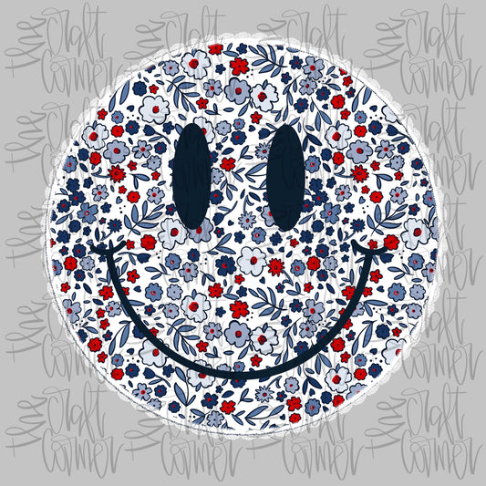 USA Floral Smiley , Patriotic Coquette Png, American Png, USA png, Shabby Png, Preppy Patriotic, Red White Blue Png, Dtf digital