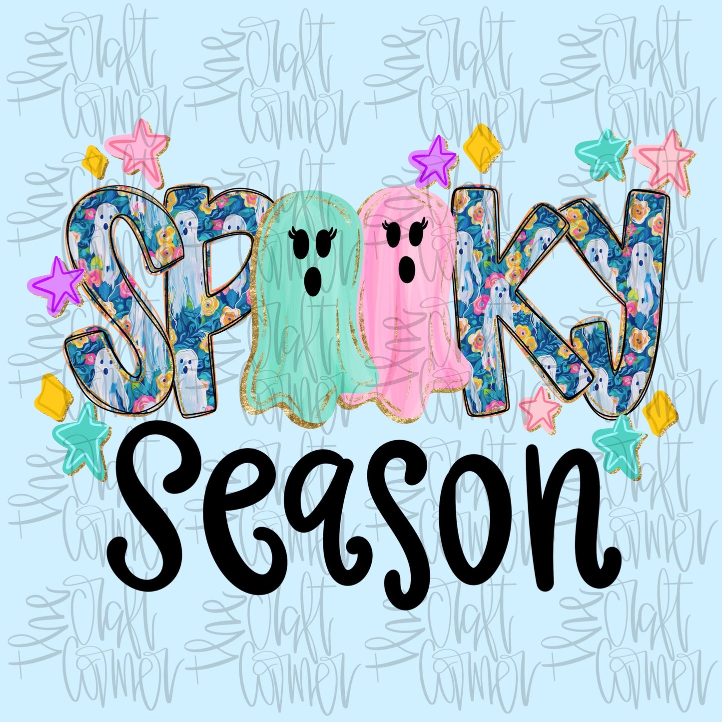 Spooky Season PNG, Preppy Ghost PNG, Preppy Halloween PNG, Neon Floral Png, Hand Lettering Png, Doodle Png, Faux Glitter Png