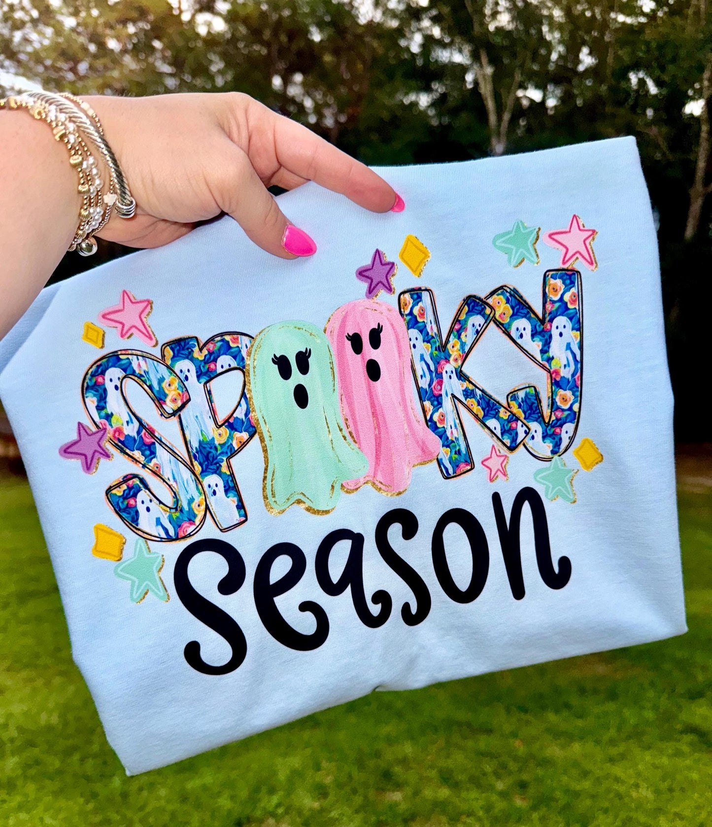 Spooky Season PNG, Preppy Ghost PNG, Preppy Halloween PNG, Neon Floral Png, Hand Lettering Png, Doodle Png, Faux Glitter Png
