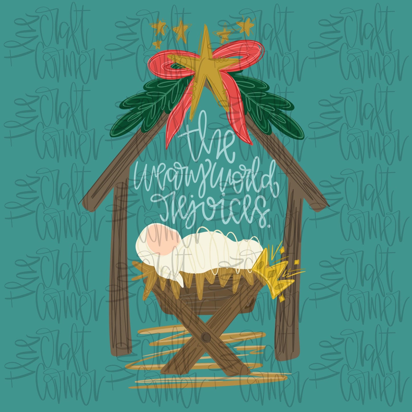 The Weary World Rejoices PNG, Christmas PNG, Baby Jesus PNG, Manger Png, Holiday Png, Merry Christmas Png, Whimsical Png, Gold Png, Trendy