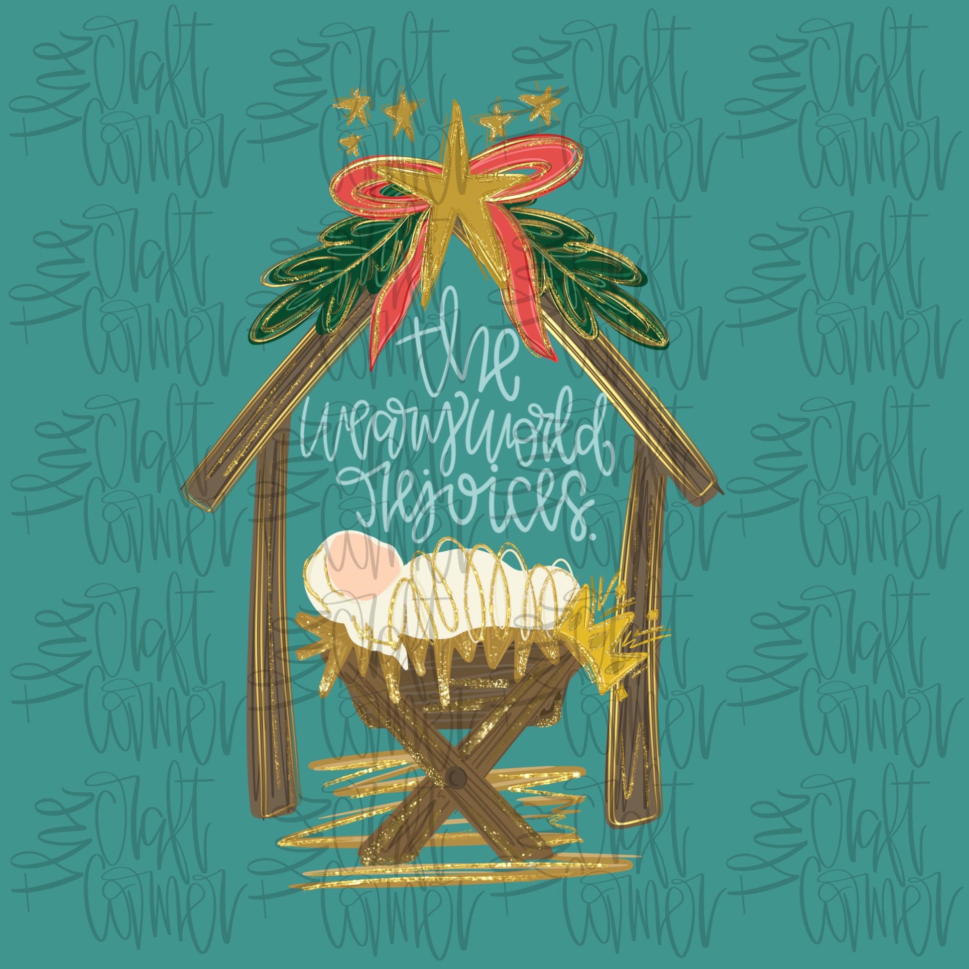 The Weary World Rejoices PNG, Christmas PNG, Baby Jesus PNG, Manger Png, Holiday Png, Merry Christmas Png, Whimsical Png, Gold Png, Trendy