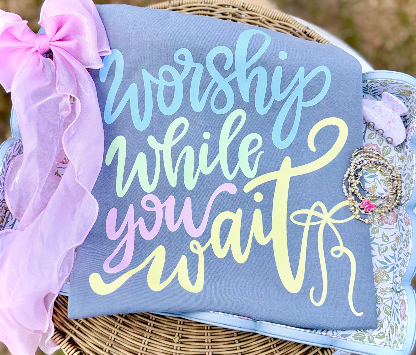 Worship While You Wait PNG, Faith PNG, Religious PNG, Spring Png, Whimsy Png, Girly Png, Dainty Png, Coquette Png, Love Like Jesus Png
